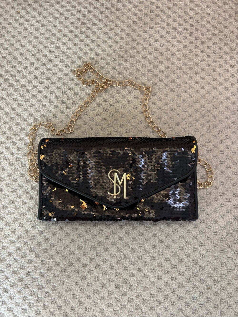 Steve Madden Black Sequin Envelope Clutch with Gold Chain